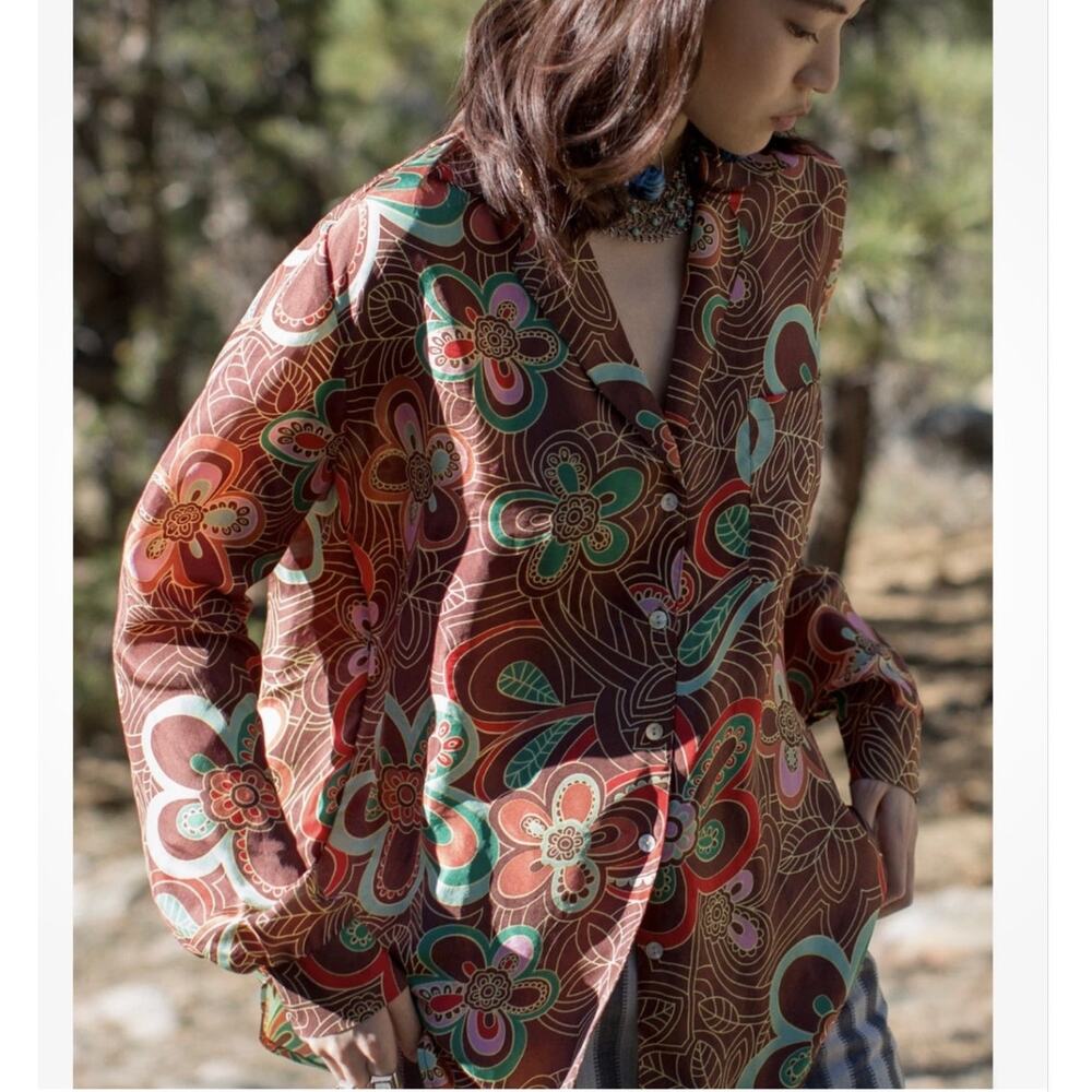 Alix of Bohemia Gogo Silk Shirt Chocolate Brown‎ Print XS